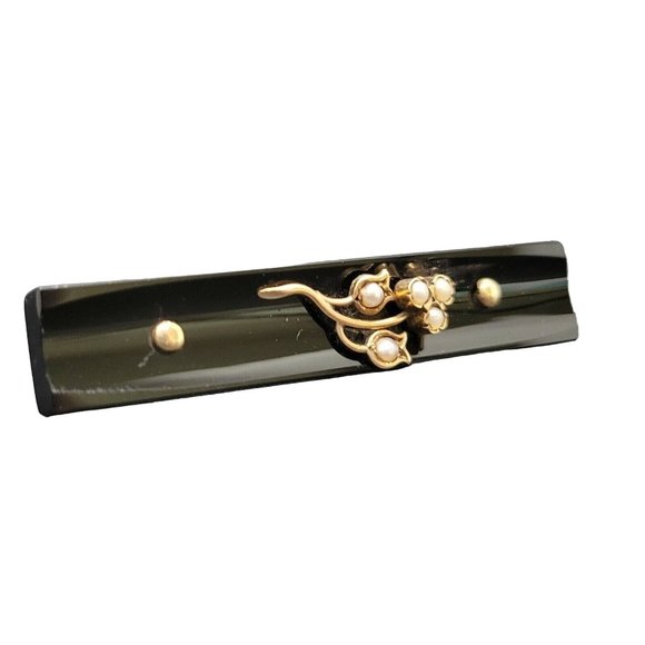 Antique Victorian 1860's Black Onyx Seed Pearl 10K Gold Mourning Brooch Pin